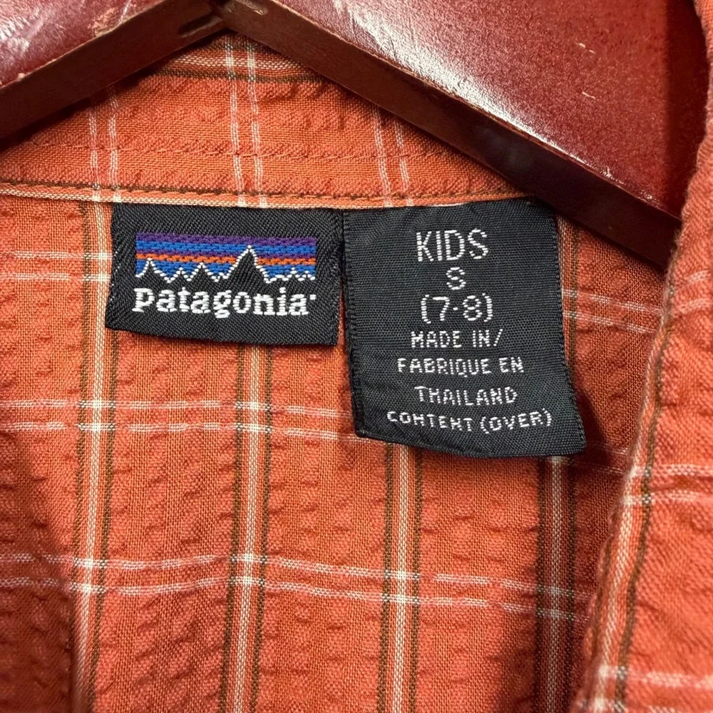 Patagonia Plaid Button Up Shirt Kids Small 7-8 Orange Short Sleeve Gorpcore